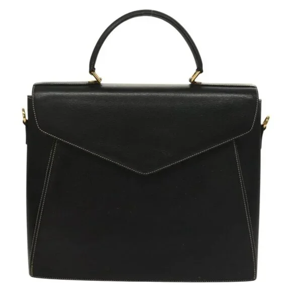 Salvatore Ferragamo Hand Bag Leather Black Gold Auth
